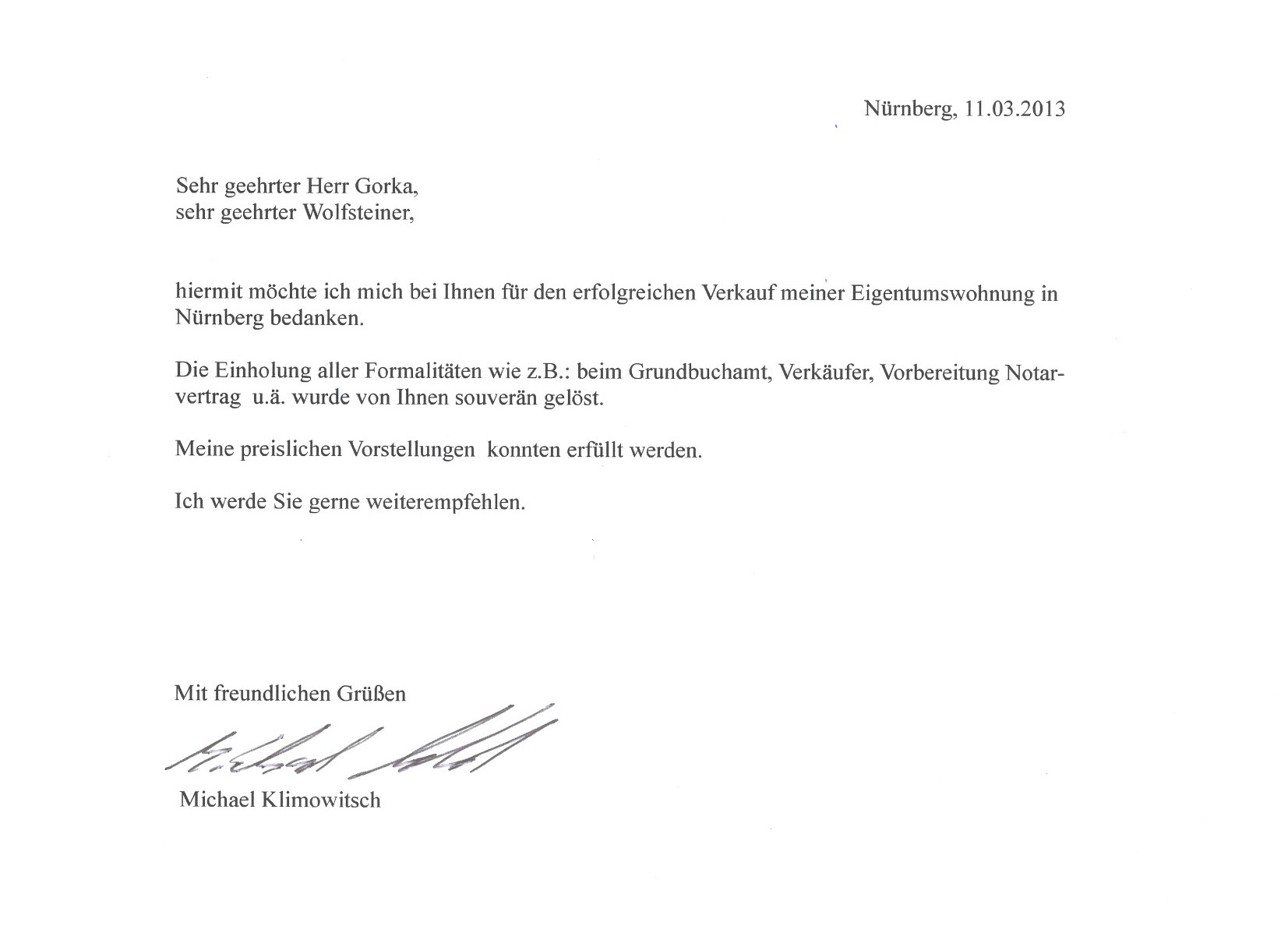 Referenzschreiben Verkauf Wohnung Nürnberg Gostenhof